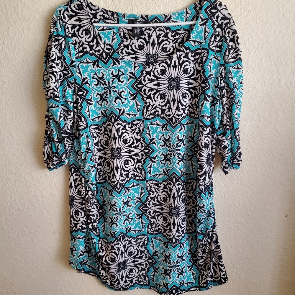 Alfani blue and black floral print blouse half sleeve plus size 1x Spring Bright